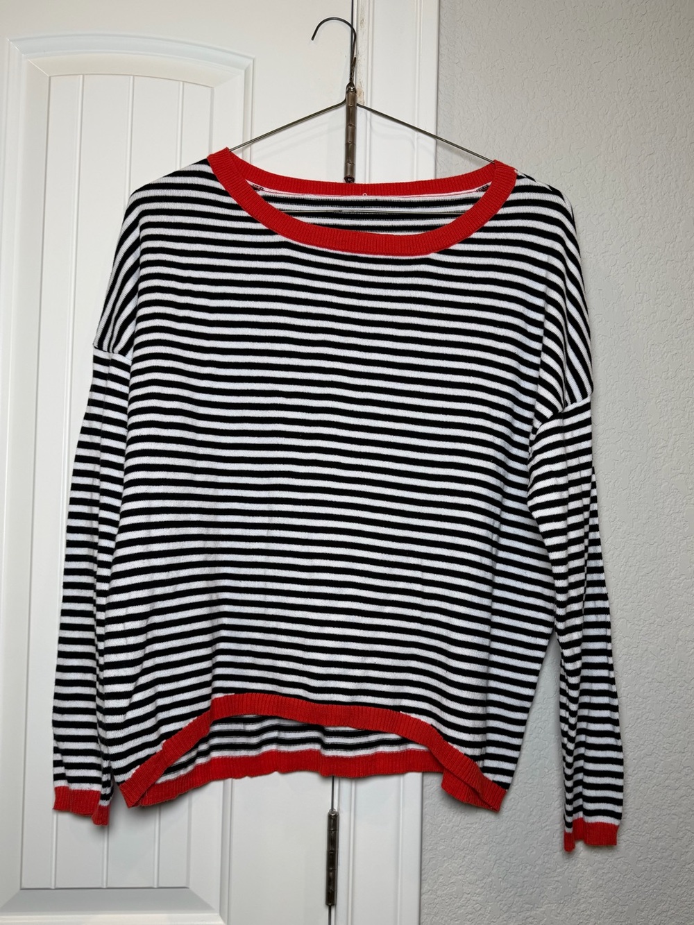 Striped Black & White Sweater with Orange/Red Trim